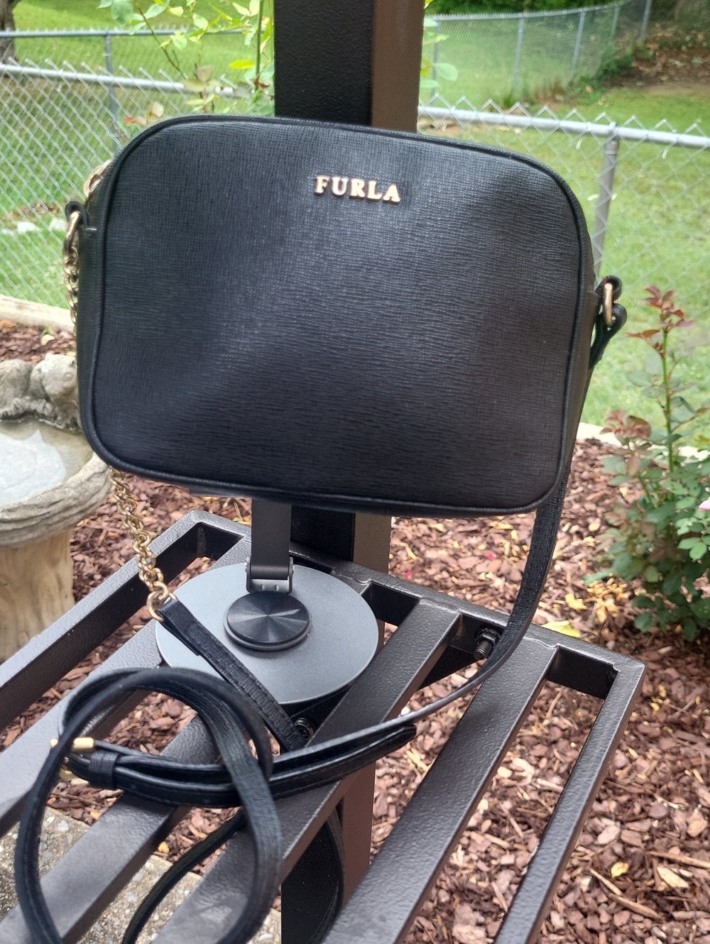 Furla Black Textured Leather Crossbody with Gold Logo